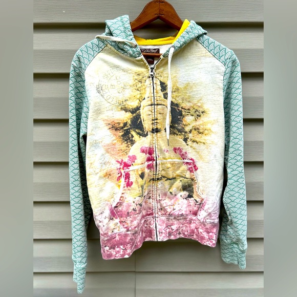Vintage Lucky Brand rare zip up Cherry Blossom Buddha hoodie Y2K size M - Picture 1 of 8